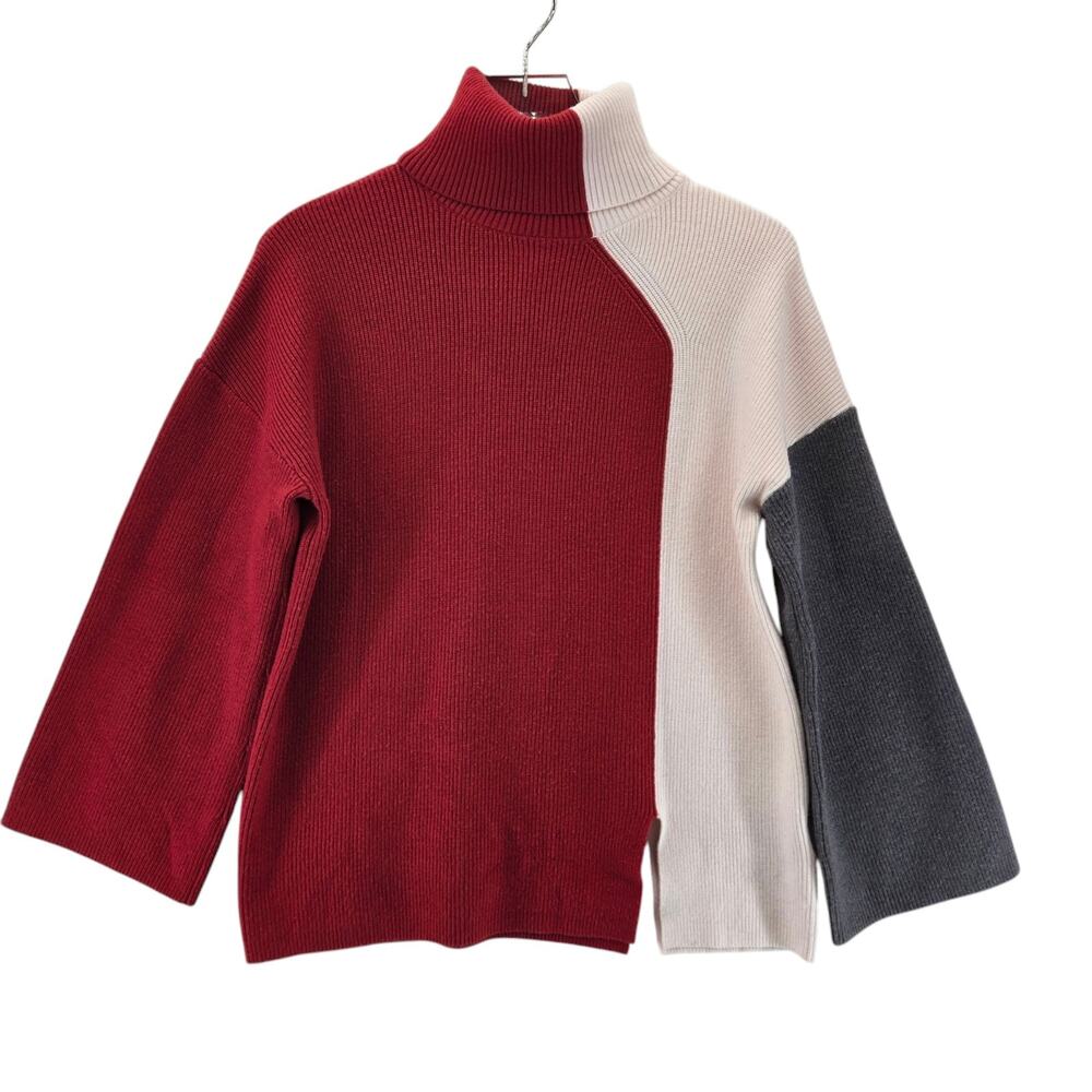 Badgley Mischka Turtleneck Sweater Womens Small Colorblock Red White Gray Ribbed - Picture 2 of 12